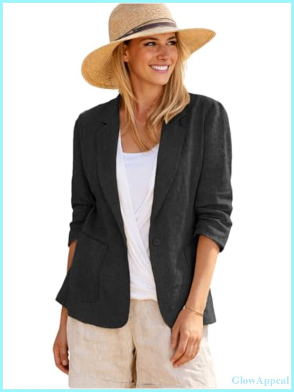 Linen Blend Blazer Jacket Lightweight 3/4 Ruched Sleeve Business Casual